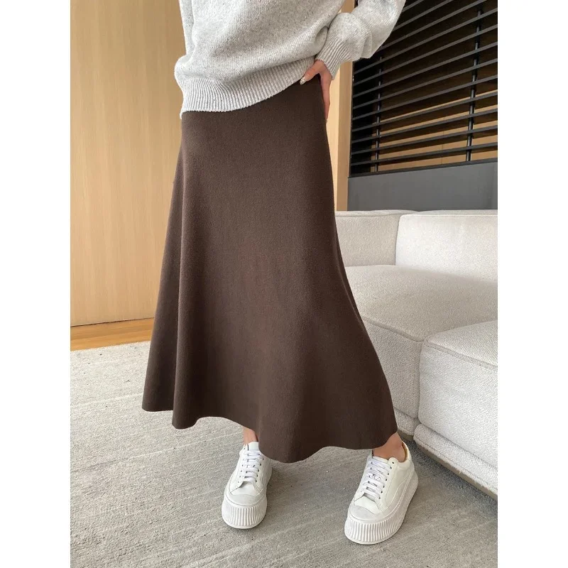 French Simple Elastic Waist Knitted Skirt Women Autumn 2024 Korean Chic Wild Black Khaki Gray A-Line Elegant Long Skirt