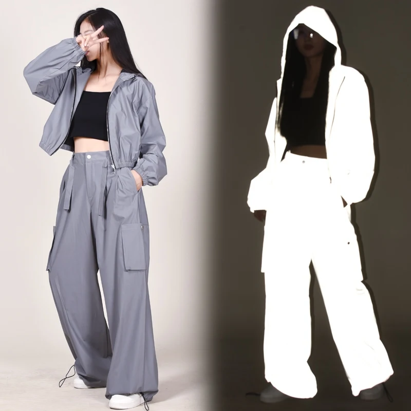 

Women'S Group Jazz Dance Costume Reflective Silver Hip Hop Clothing Kpop Outfit Bar Nightclub Dj Ds Street Dance Rave Wear 8558