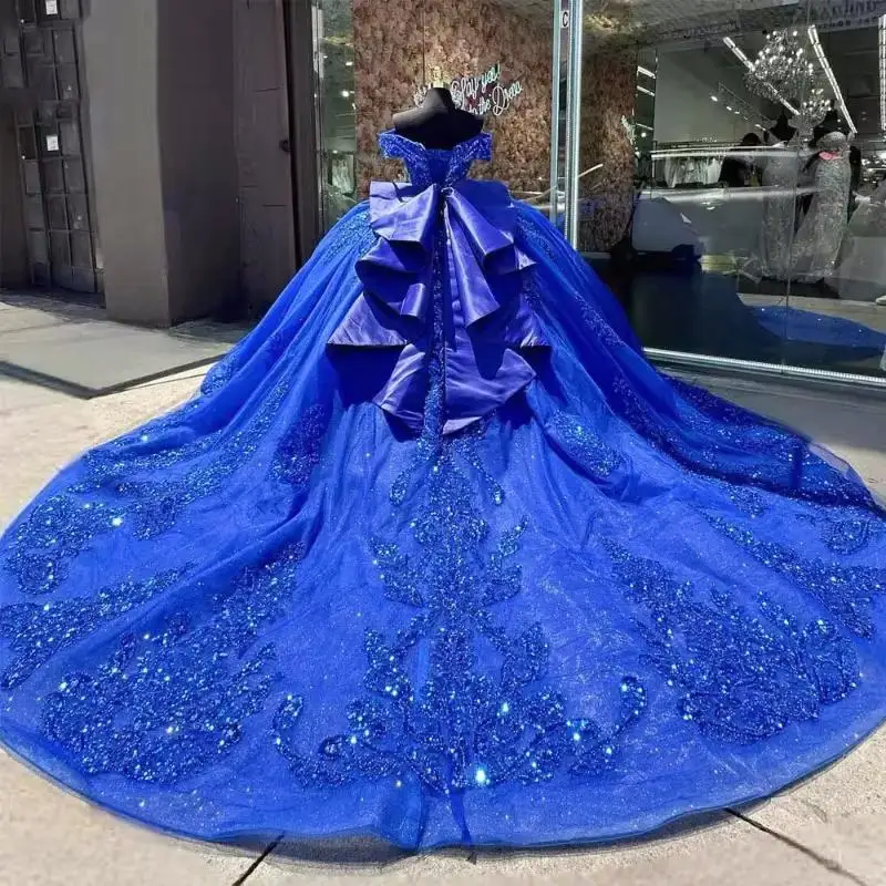 Customized Royal Blue Quinceanera Dresses Sequined Appliques Lace Off The Shoulder Bow Ball Gown Sweet 16 Vestido De 15 Anos