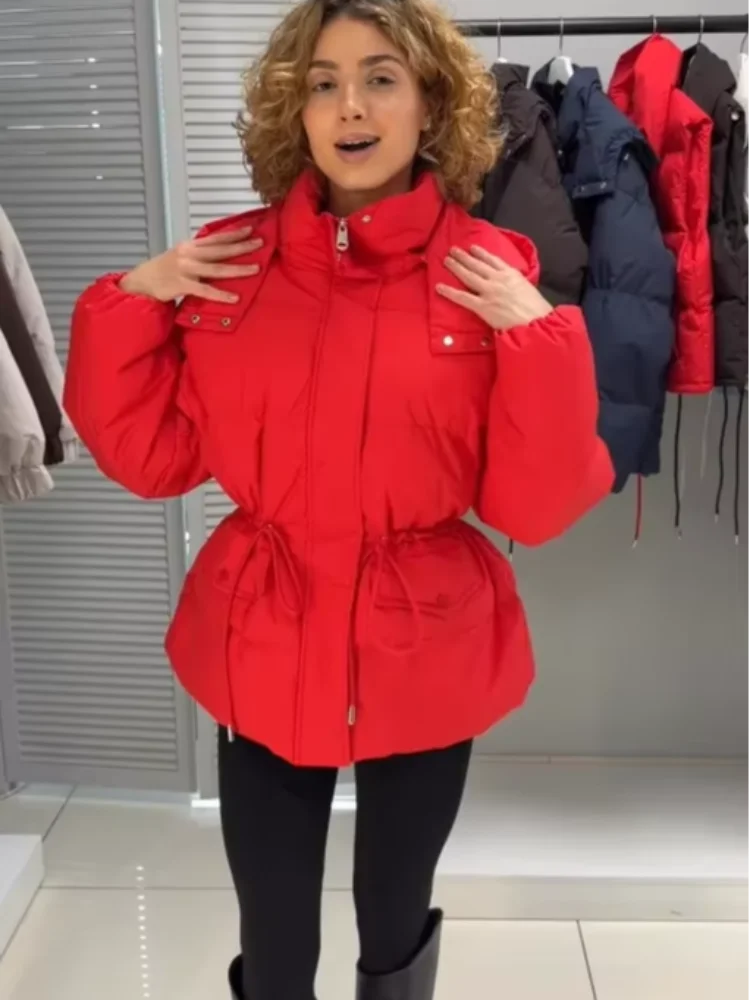 Women Hooded Drawstring Waist Puffer Coat Detachable Hood Zip Up Pocket Loose Padded Jacket 2026 Winter Casual Cotton Coats