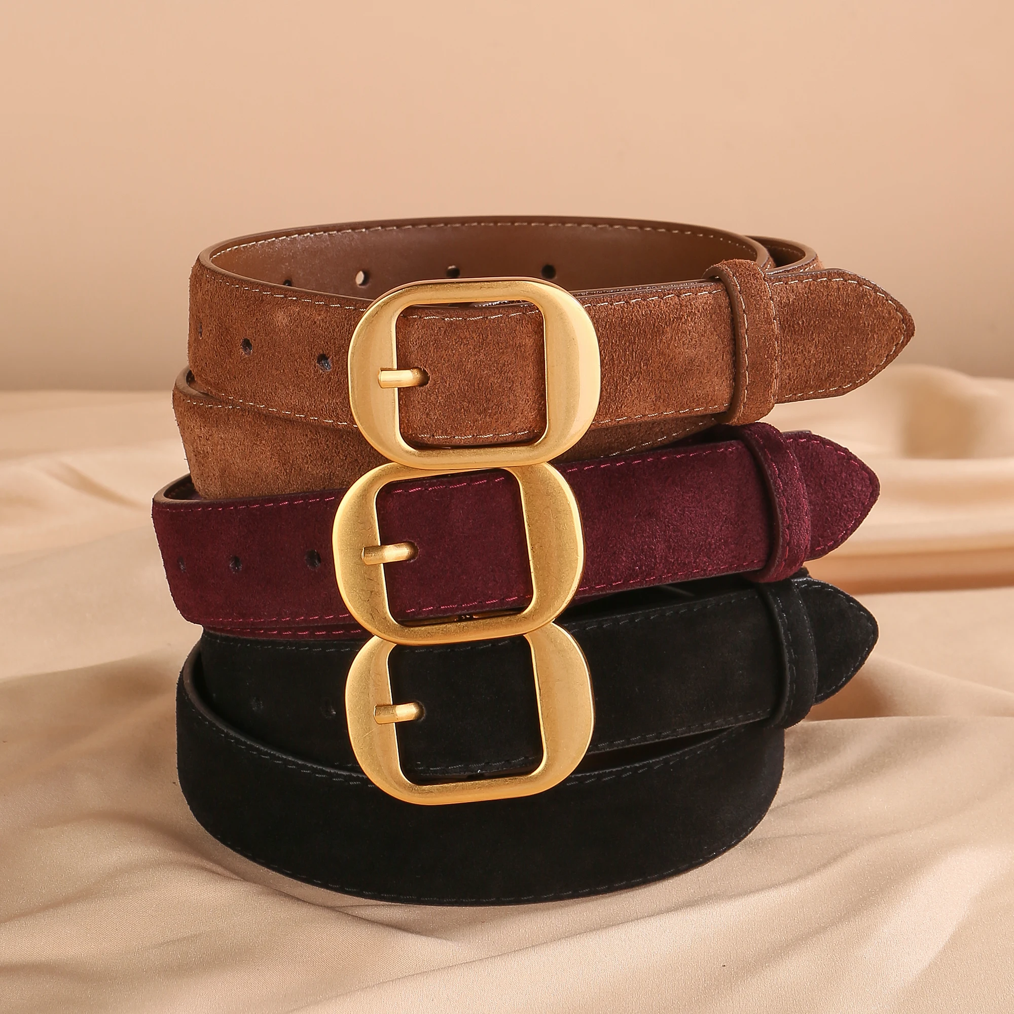 Sabuk Suede Minimalis untuk Wanita, Kulit Premium, Ikat Pinggang Lebar, Dekorasi Gesper Pin, Musim Gugur 2025, Sabuk Jeans Elastis