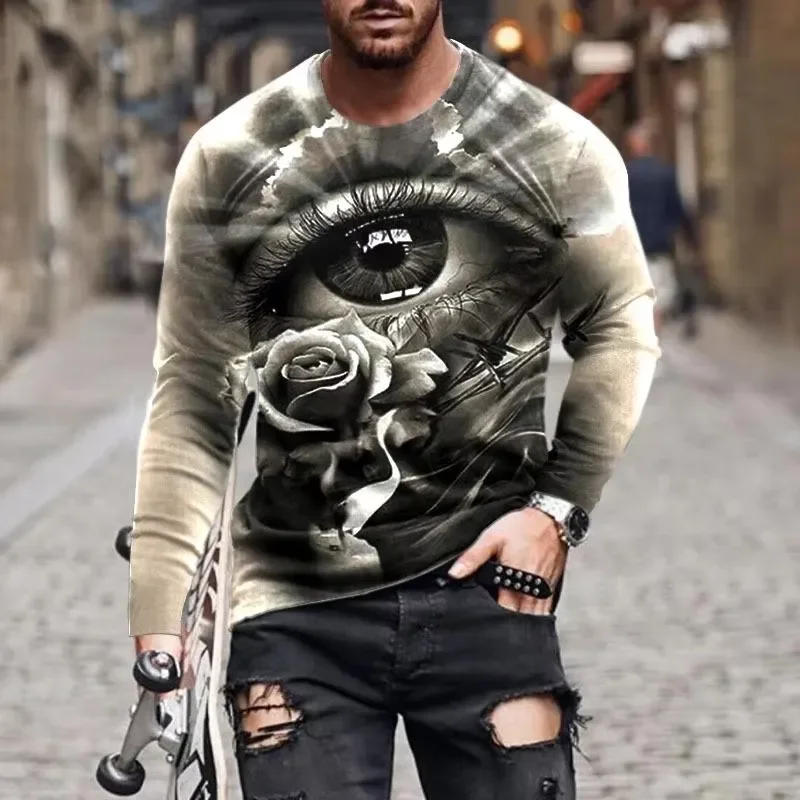 3D Printed Casual Long Sleeve Men T Shirt 2026 Gothic Skull Rose Raven Motorcycle Art Print Crewneck Top Streetwear Daily Tee