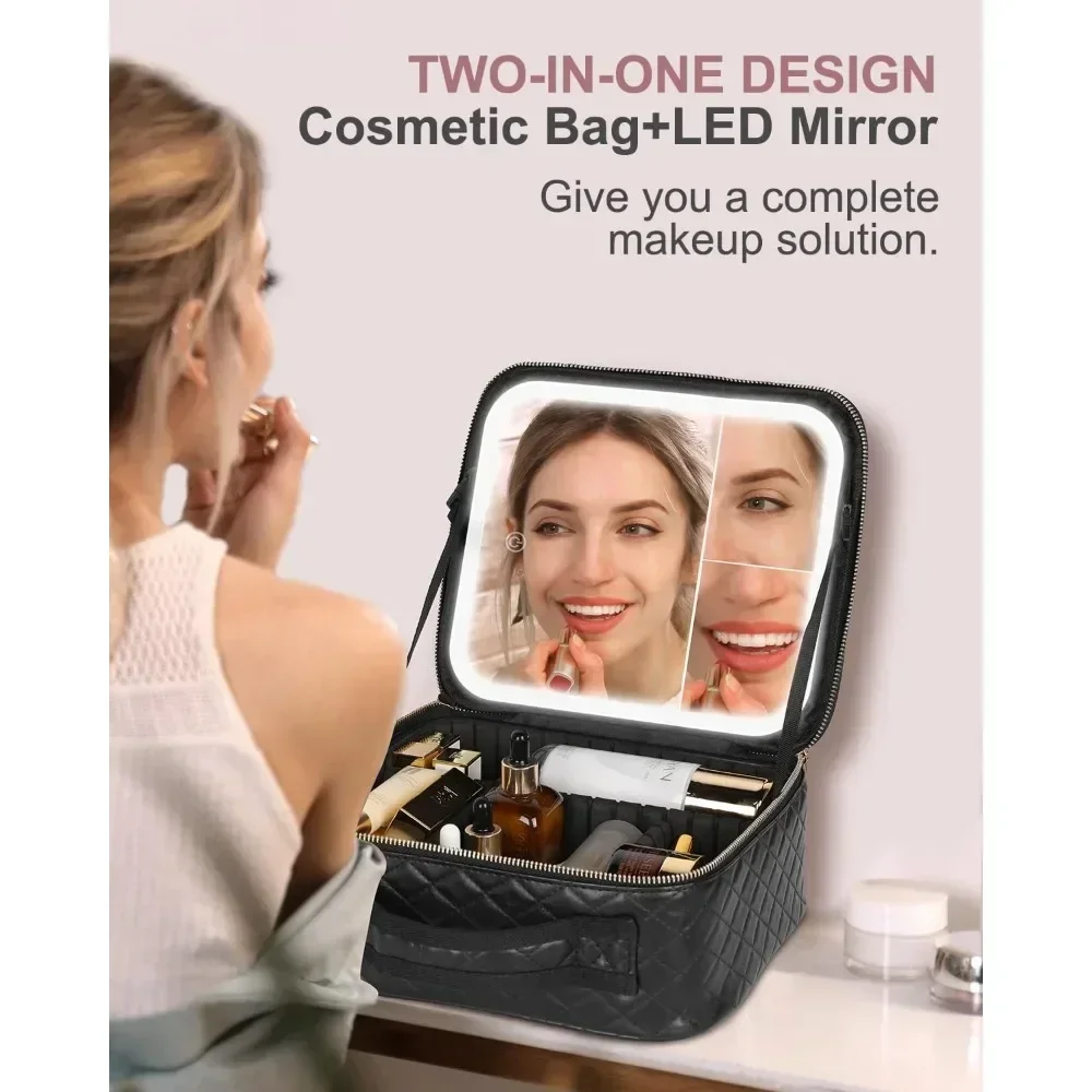 

Travel Makeup Bag With Light Up Mirror, With Adjustable Partitions,With 3 Color Lights For Cosmetics Portable Makeup Storage Box
