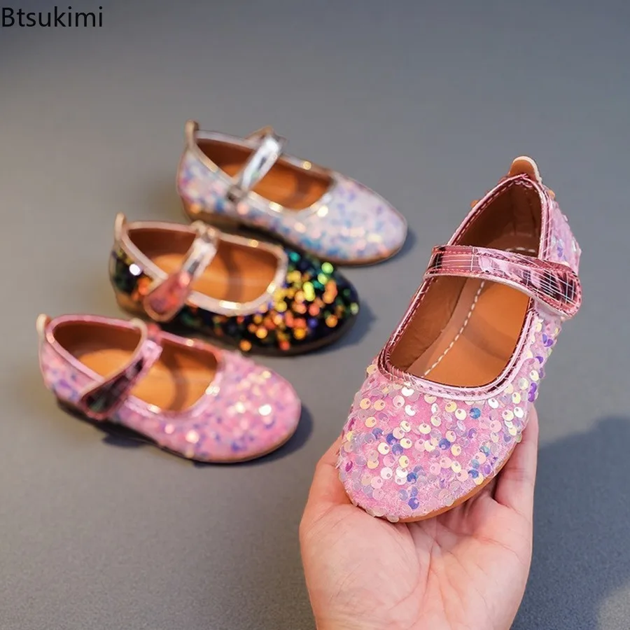 Children's Small Leather Shoes Spring Autumn New Solid Sequined Princess Shoes Sweet Girl Party Soft Sole Comfortable Flat Shoes