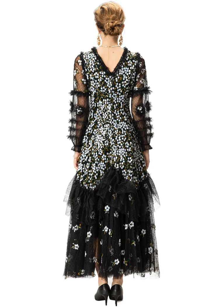 DLDENGHAN 여성용 스팽글 자수 메쉬 맥시 드레스 브이넥 랜턴 슬리브 프릴 우아한 볼 가운 드레스 패션 가을 여성