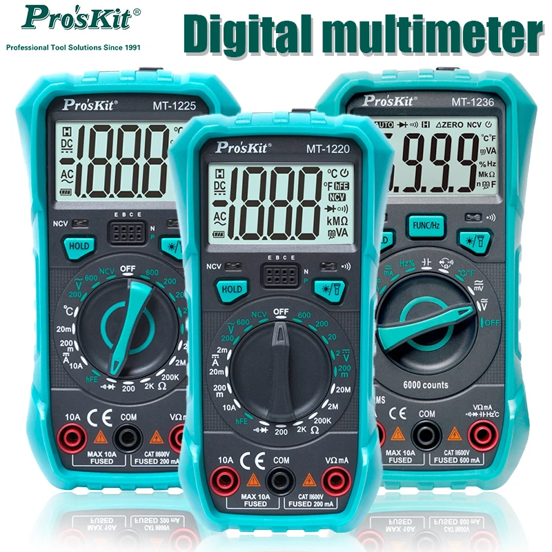 

Pro'skit Multmeter Auto Range 3-1/2 Digital Capacitance Resistance Frequency True RMS NCV Flashlight Temperature Tester MT-1220