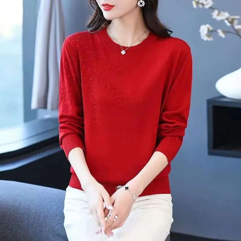 Women\'s Clothing Korean Autumn Winter Geometric Lantern Long Sleeve Round Neck Rhinestone Pullover Sweater Knitted Elegant Tops