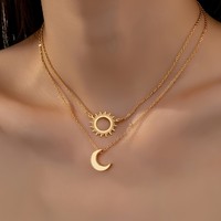 Elegant Bohemian Style 18K Golden Plated Sun & Moon Pendant Necklace for Women Double Choker Neck Party Jewelry Gifts