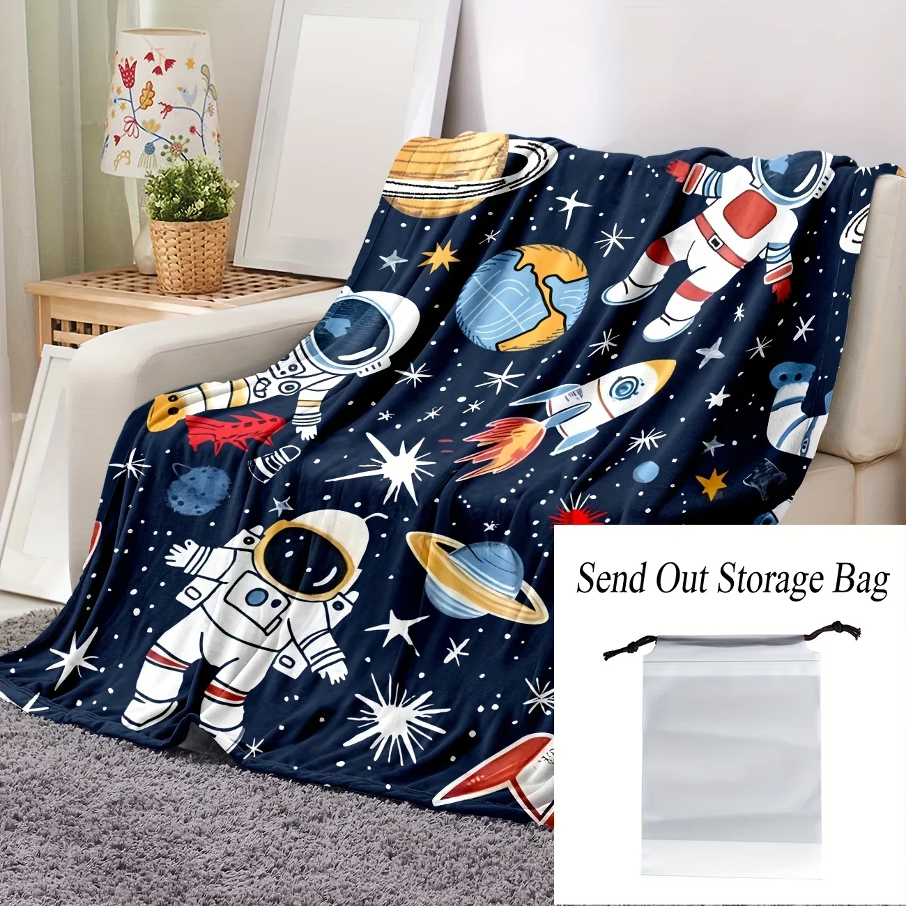 Customization 1pc Cozy Astronaut Blanket - Soft Flannel Fleece Space-Themed Bedspread With Planets & Rockets, Lightweight All-Se