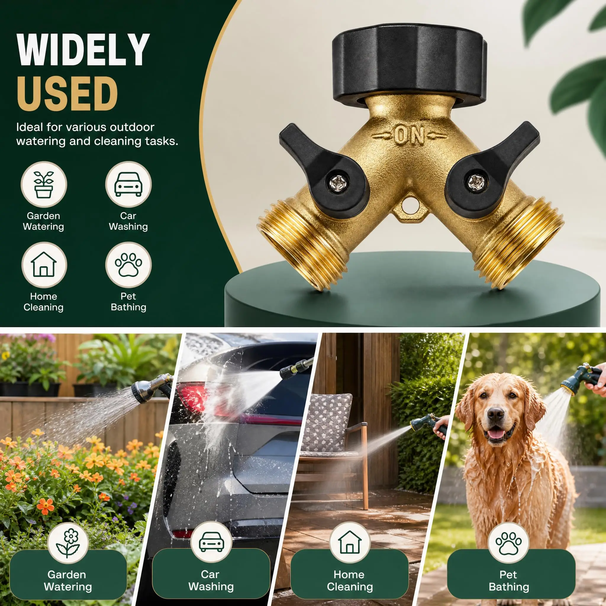 Garden Hose Splitter Heavy Duty 2 Way Solid Brass Water Hose Y Splitter 2 Valves with 4 Extra Rubber Washers