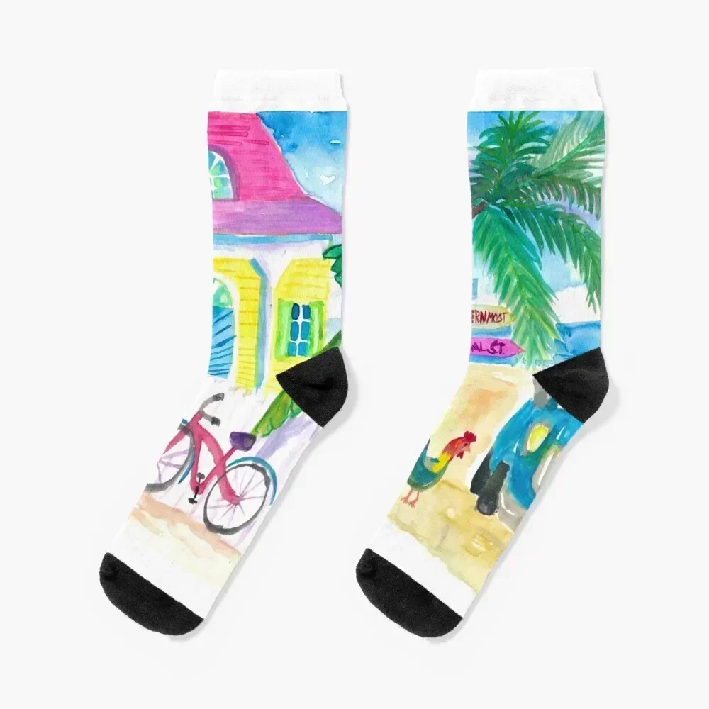 

Yellow Conch House Tropical Street Scene With Bike and Rooster Socks designer retro compression basketball Socks Man Women's