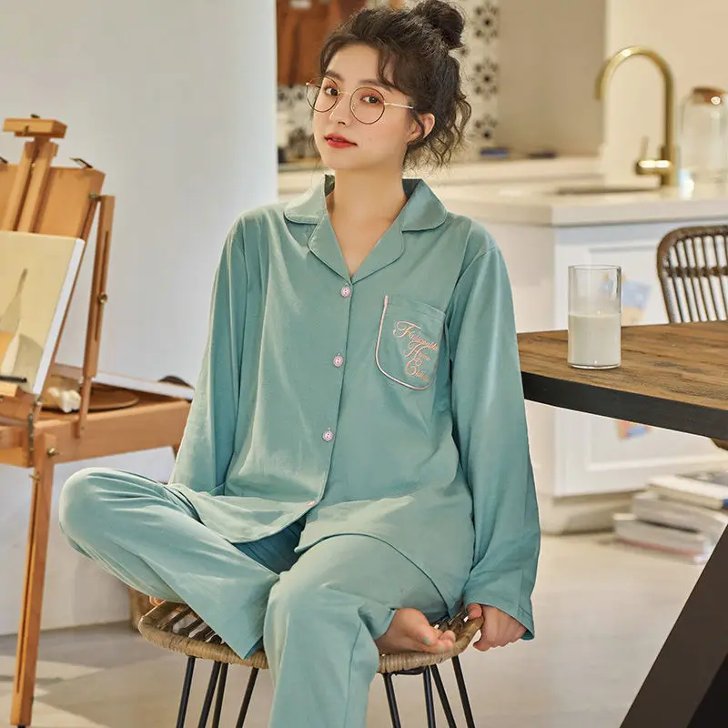 100% Cotton Pijamas Women Spring and Autumn Long-sleeved Set Sleepwear Simple Solid Color Loose Loungewear Two-piece Set
