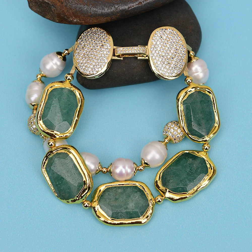 

GG 2 Rows Natural White Rice Pearl Gold Edge Plated Green Strawberry Quartz Bracelet Handmade Lady Gifts