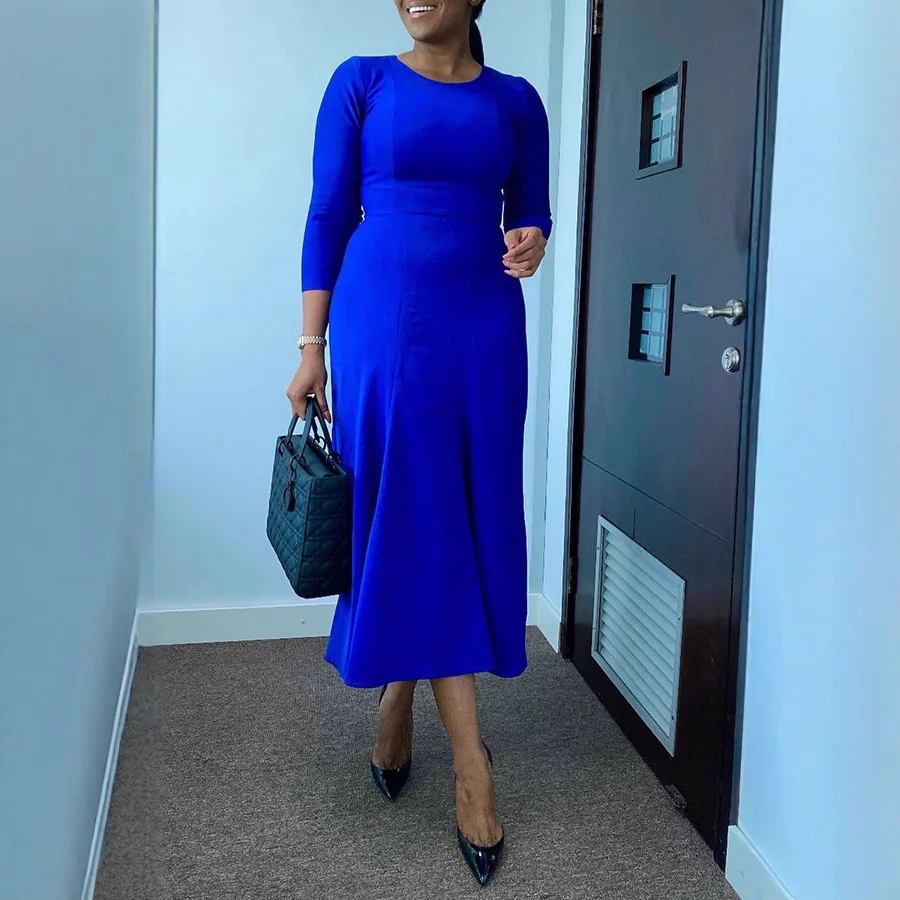 2026 Long Women's Clothing, Spring, Solid Color Round Neck Back Zipper Dress, Summer New Models Are On The Market, Fashion Trend