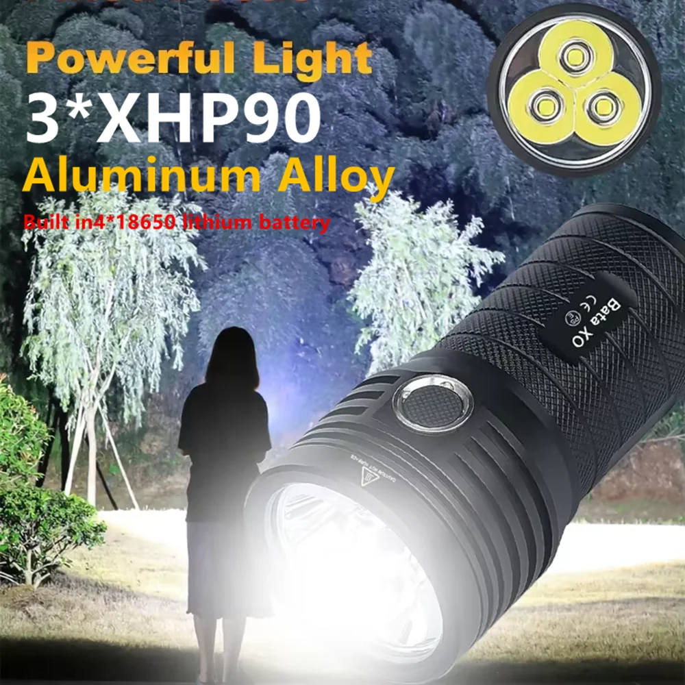 Powerful 3*XHP90 LED Flashlight High Lumen Usb Rechargeable Tactical Torch Safety Lock Hand Lantern for Camping Hiking Fishing