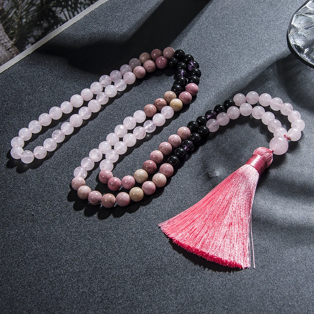 8mm Natural Rhodolite Rose Quartz 108 Mala Beads Necklace Men and Women Meditation Prayer Rosary Japamala Jewelry Set image 3