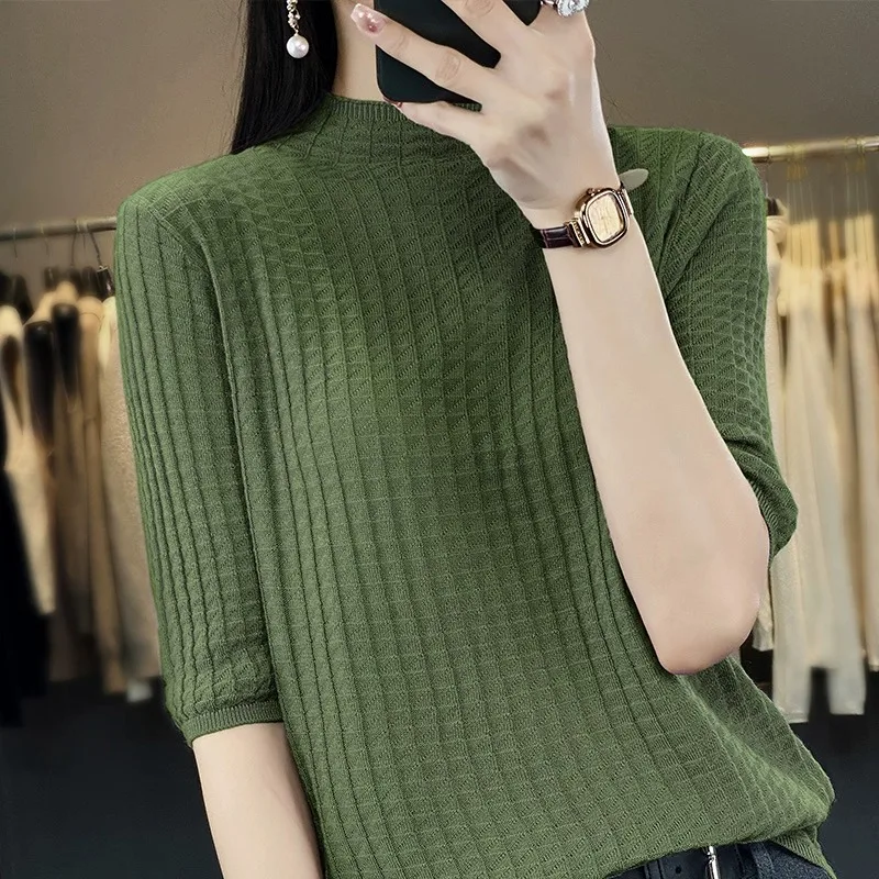 

Lightweight Wool Knitted Top f High Collar ort Sve Women Summer New Loose mid Ne Base irt f Sve Upper Apparel