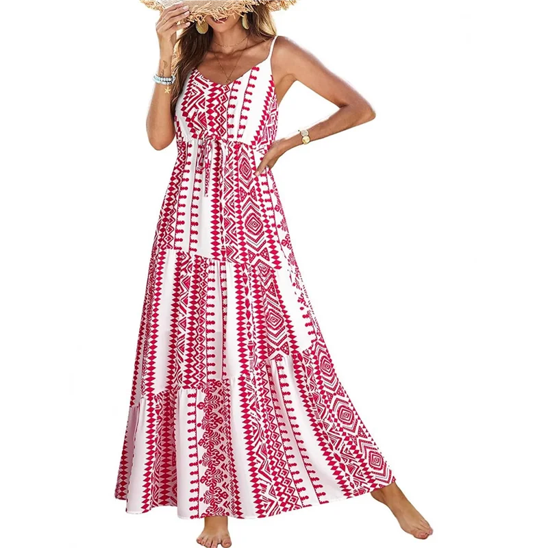 ABRT-Summer Dress Casual Womens Boho Dress Sleeveless Printed Long Tiered Maxi Dress Beach Dress 2025