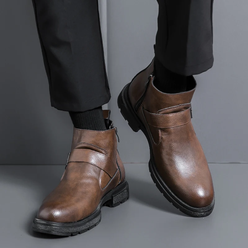 Zapatos casuales de cuero para hombres Otoño e Invierno estilo superior alto Fiesta de moda al aire libre Botas de negocios y de oficina diarias Negro Nuevo Caliente