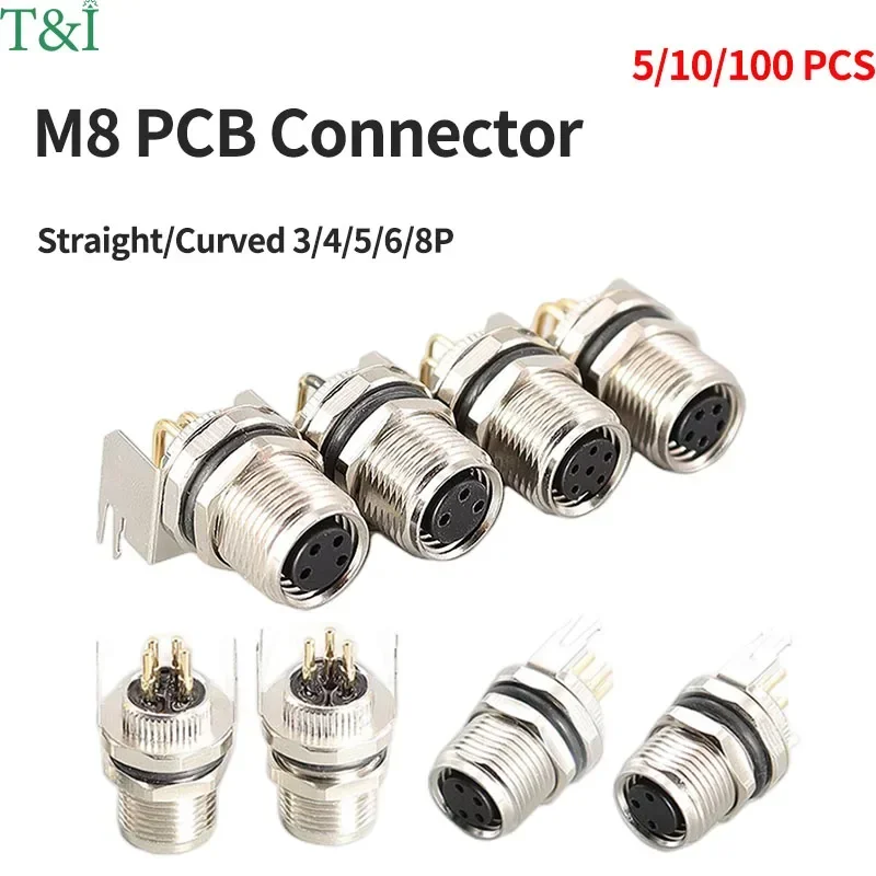 M8 PCB Connector Male Female Socket 3 4 5 6 8 Pin Straight Right Angle Board Mount Sensor Connectors 5 10 100PCS Pack Options