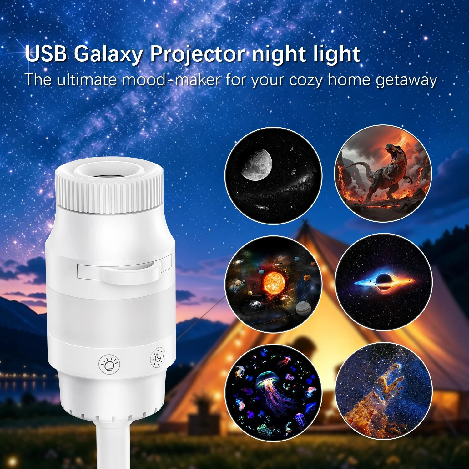 2-in-1 USB Night Light With 6 Or 13 Patterns 360° Adjustable Focus Ambient Star Projection Lights  For Camping Bedroom & Car