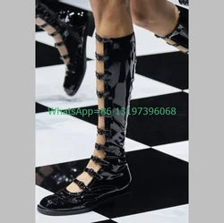Lady Mirror Patent PU Knee Buckle Strap Boots Flats Causal New Arrive Runway Boots Y2K Punk Knee Muti-Buckle Strap Boots Size 46
