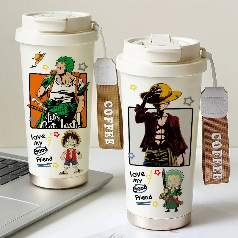 

530ML One Piece Thermos Cup Anime Figure Luffy Zoro Large Capacity Coffee Cups Outdoor Sports Straw Mug Car Mugs Children'S Gift