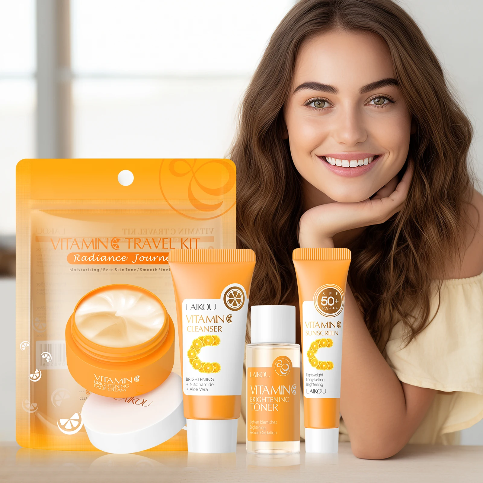 LAIKOU Vitamin C Travel Set 4PCS Mini Moisturizing Brightening Kit Even Skin Tone Smooth Lines Sunscreen TSA Approved