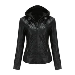 Faux Leather Jacket Women Motorcycle Coat for Biker with Removable Hood Plus Size