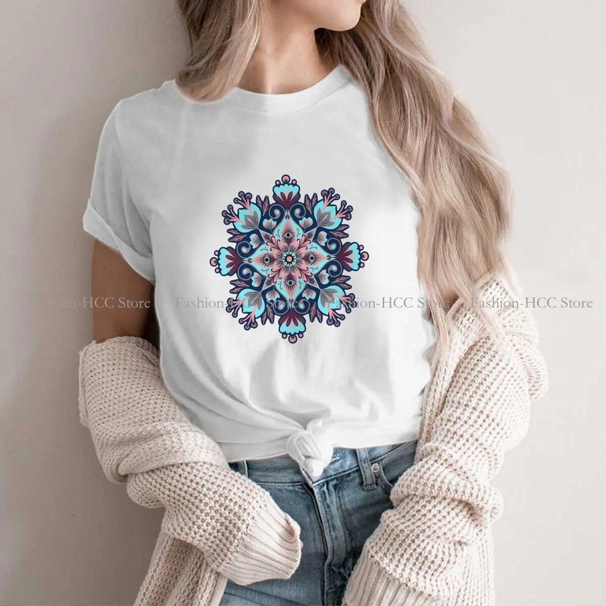 Sacred Geometry Magic Mandala Polyester TShirt for Women Folk Neon Soft Summer Tee T Shirt Novelty Trendy