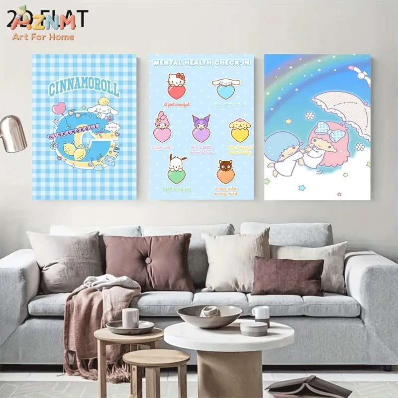 AZNM Unframed Canvas Wall Art Cinnamoroll Little Twin Stars Mental Health Check In Sanrio Poster Blue Plaid Rainbow Style Girls