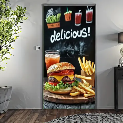 Panneaux de portail 2D, 1 pièce, thème alimentaire amusant, hamburger, frites, conception de tableau noir, Durable