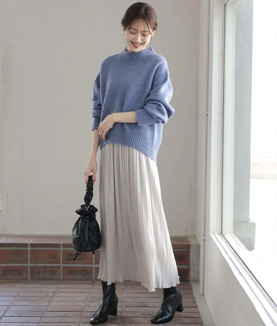 

Faionable Casual Women's Loose Midi Skirt Autumn Winter New Sle High Waist Pleated Commute Polyester Fiber Skirts