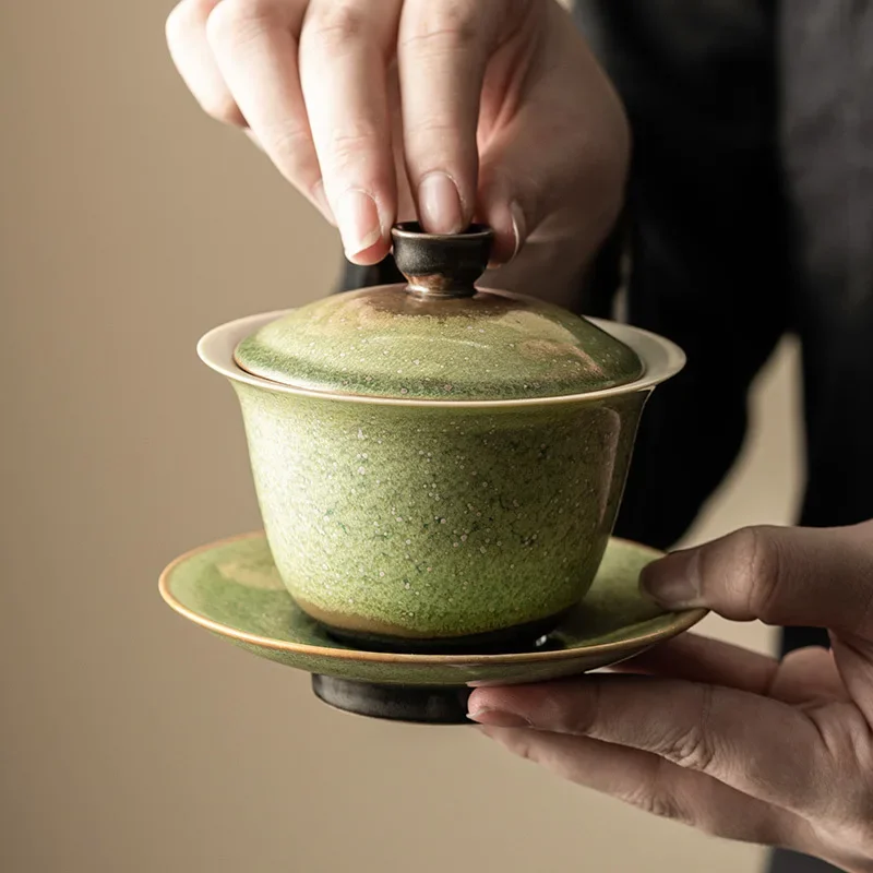 Retro Kiln Change Sancai Cover Bowl Household Ceramic Tea Bowl Anti-scalding Tea Hand Grab Bowl High-end Kung Fu Tea Set Gifts