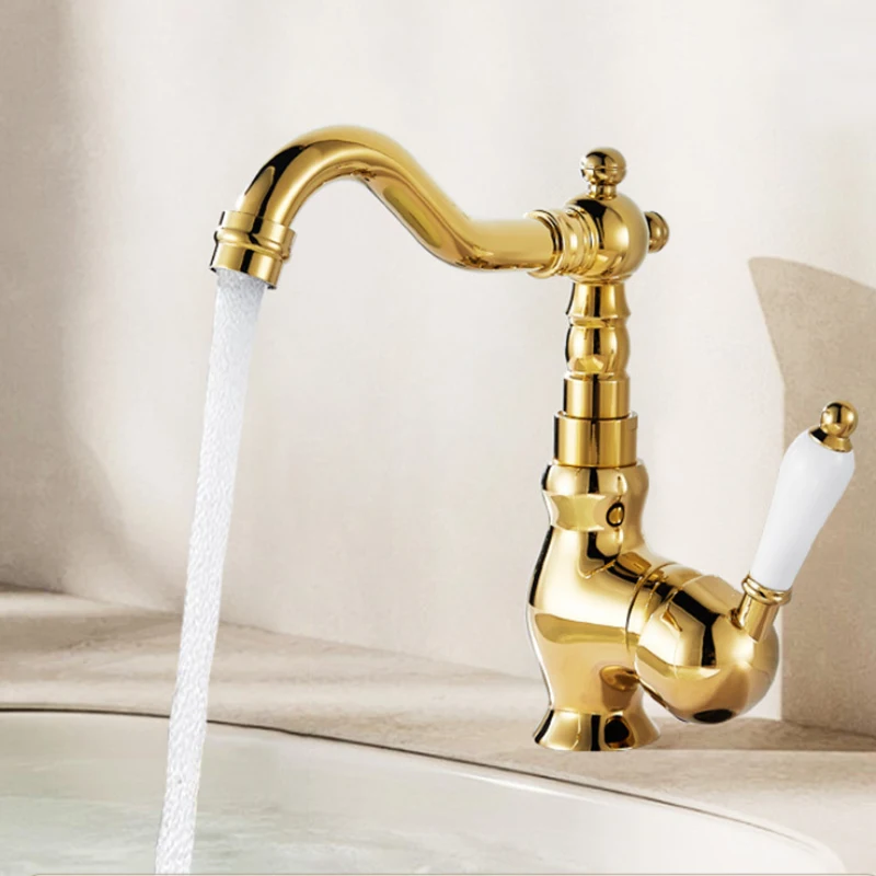 

Titanium Gold Plated Brass Sink Faucet, Hot Cold Swivel Basin Tap for Home Bathroom Under Mount Wash Basin