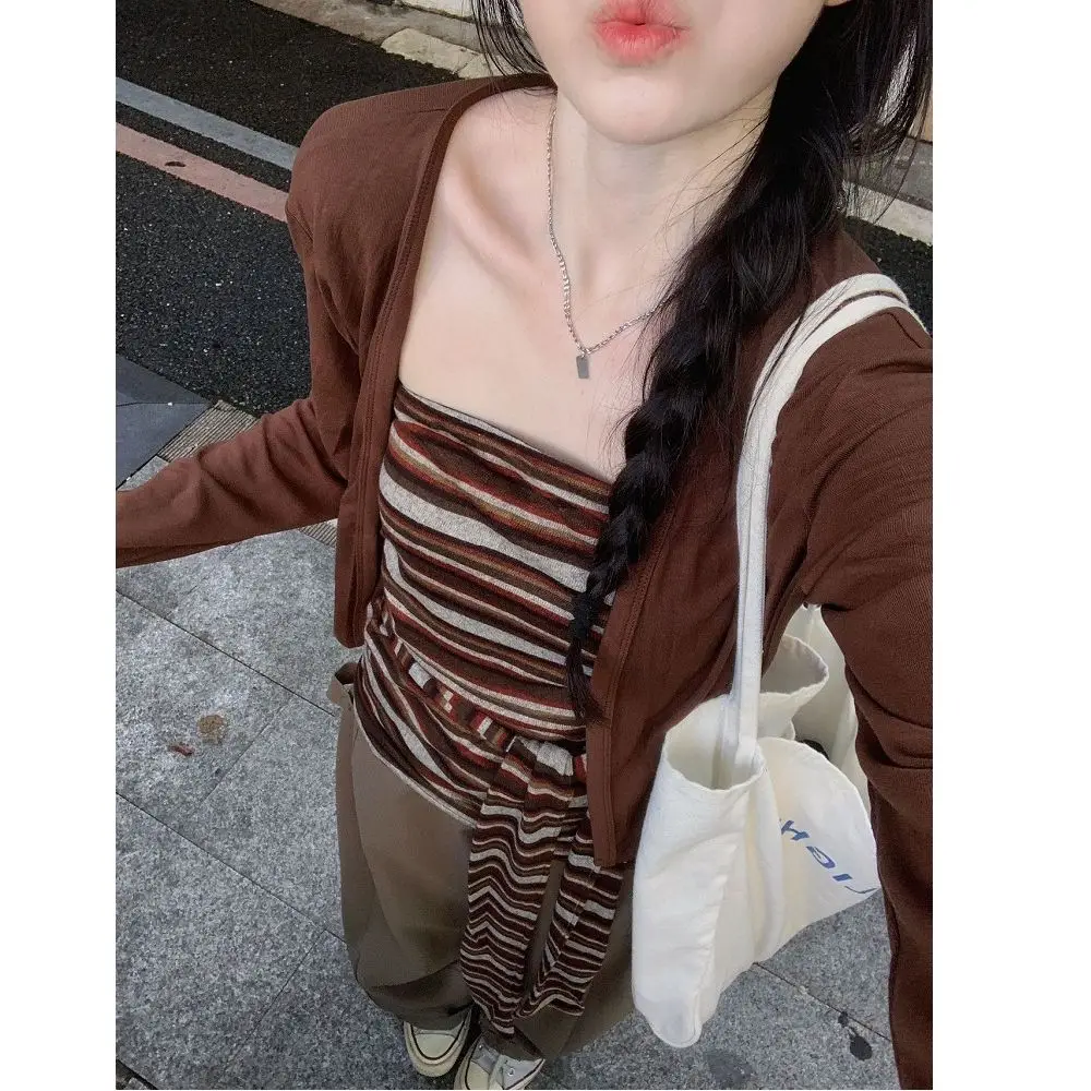 Retro Color Block Striped Two Piece Set Women's Casual Style Spring Autumn 2025 New Open Cardigan Lazy Fashion Ensemble
