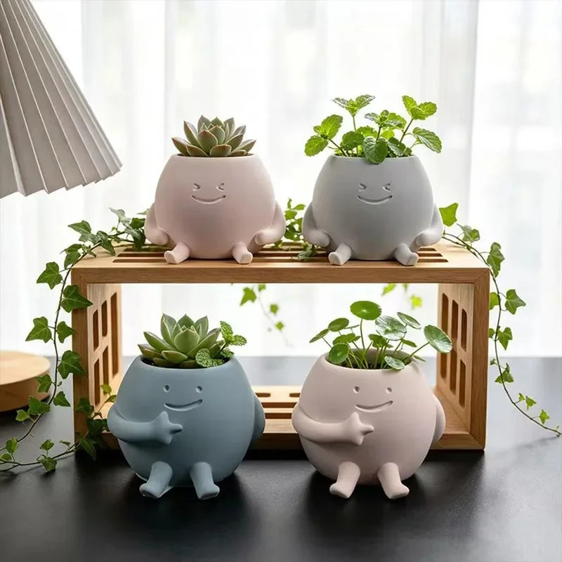 Cute Smiling Face Flower Pot Silicone Mold, DIY Cement Candle Holder Plaster Succulent Planter Resin Mold For Home Desktop Decor