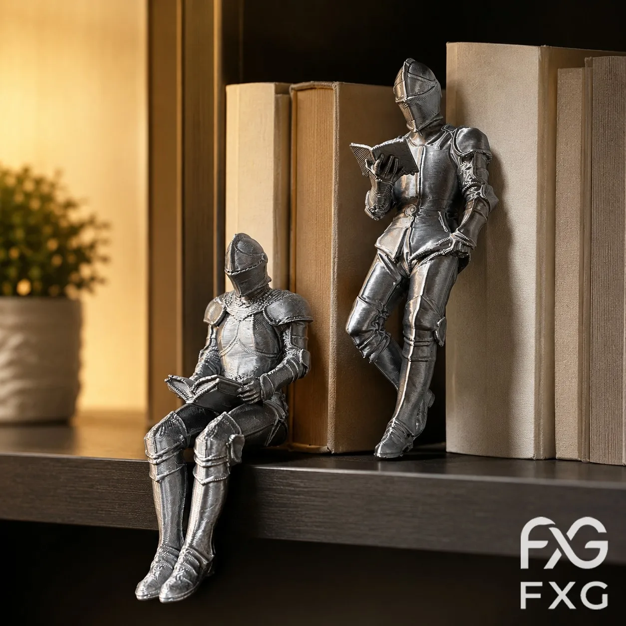 Knightly Reading Couple Figurine Set, 2 Medieval Armored Knight Statues (Standing & Sitting), 3D Printed Bookshelf Decor, Vintag