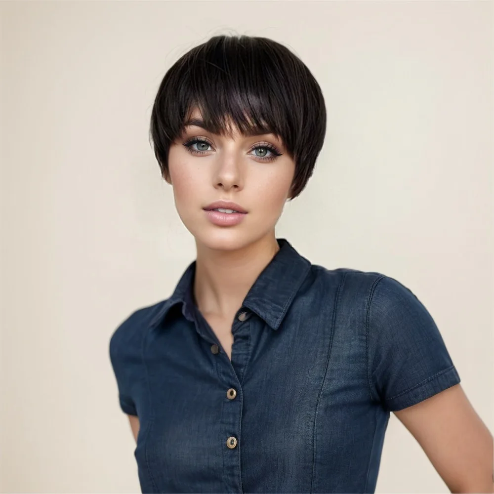 

Women's Synthetic Short Straight Wig, European American Style with Bangs, Black Brown Short Hair Hairpiece, Suitable Daily Use