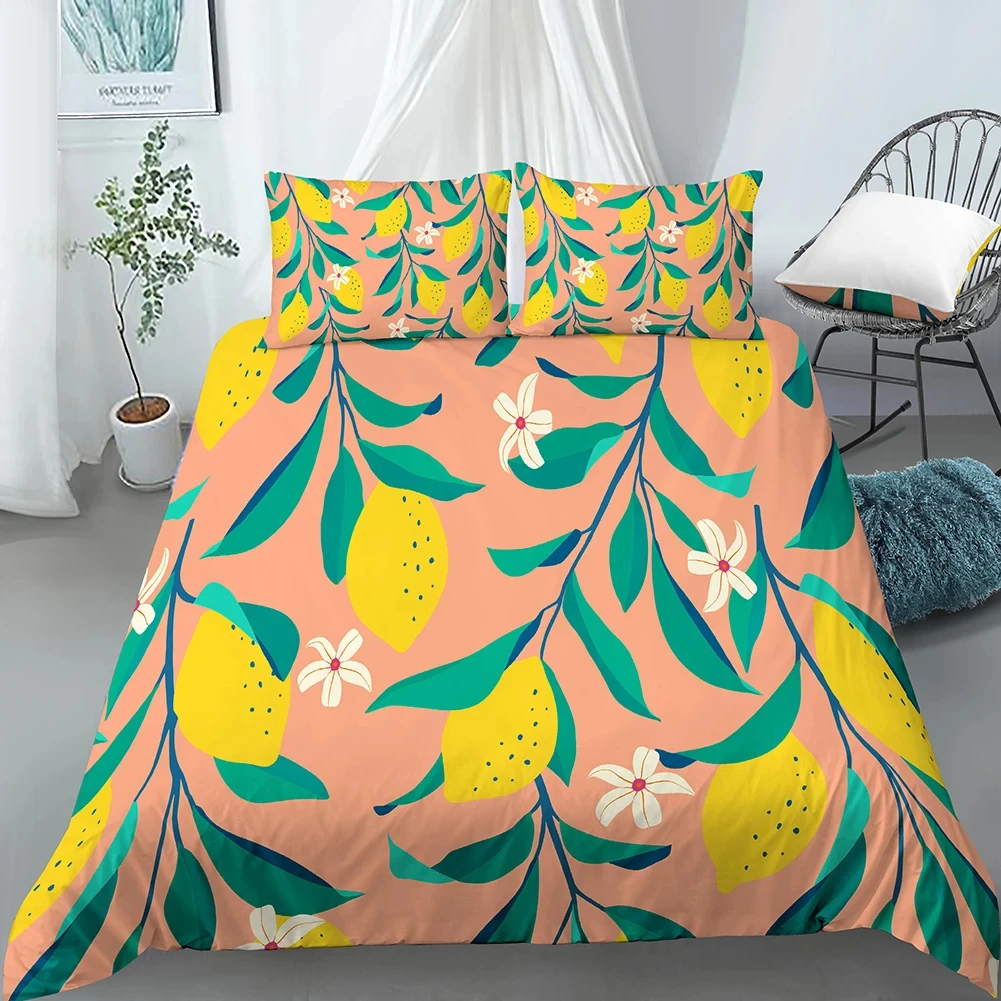 Kawaii Cartoon Lemon Duvet Cover Twin Queen Size Hawaii Tropical Fruit Bedding Set, Farmhouse Botanical Leaves Comforter Cover