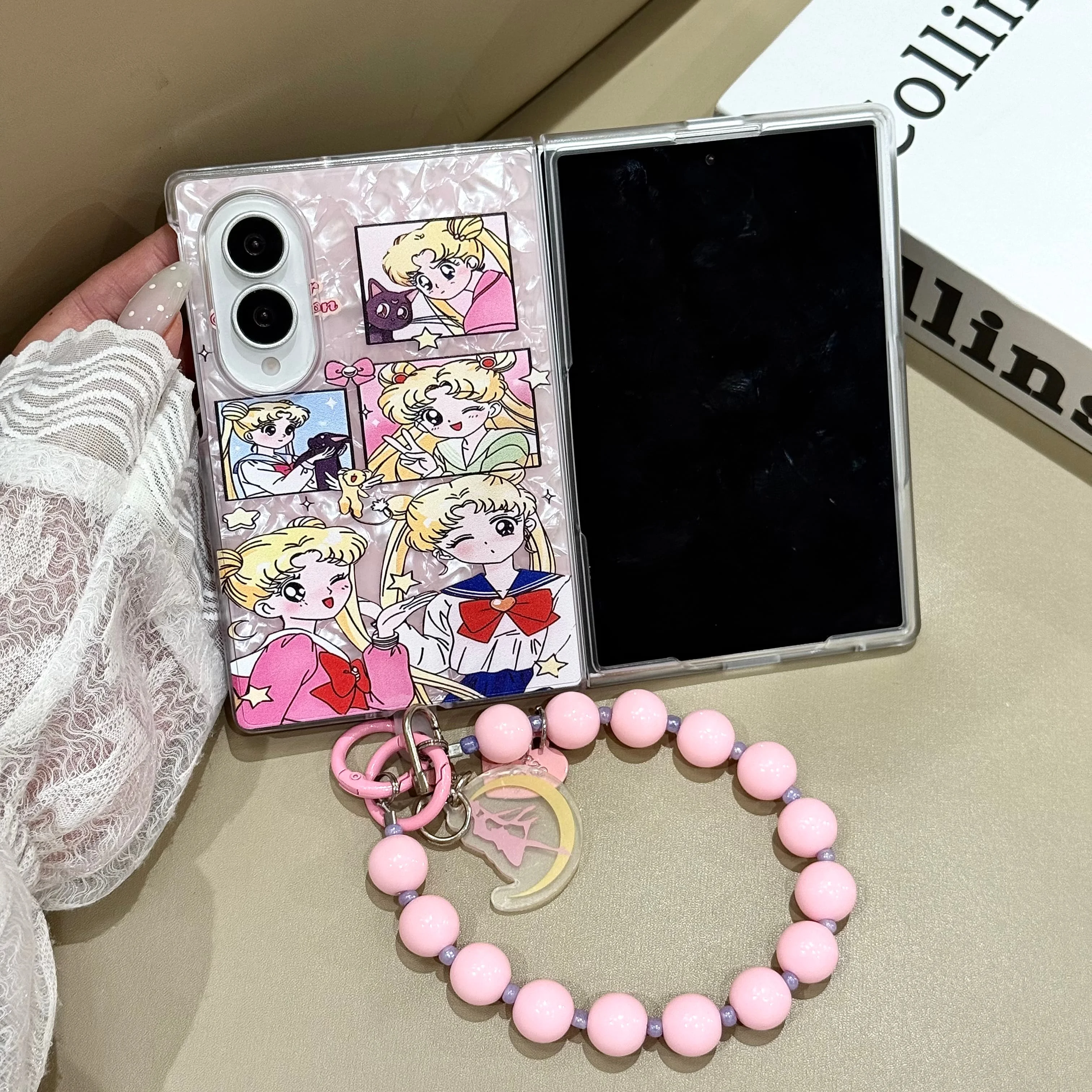 New Cute Cartoon Girl Panel Shell Texture Phone Case For Samsung Galaxy Z Fold 8 7 6 5 4 Fold 8 Ultra With Beaded Hand Strap
