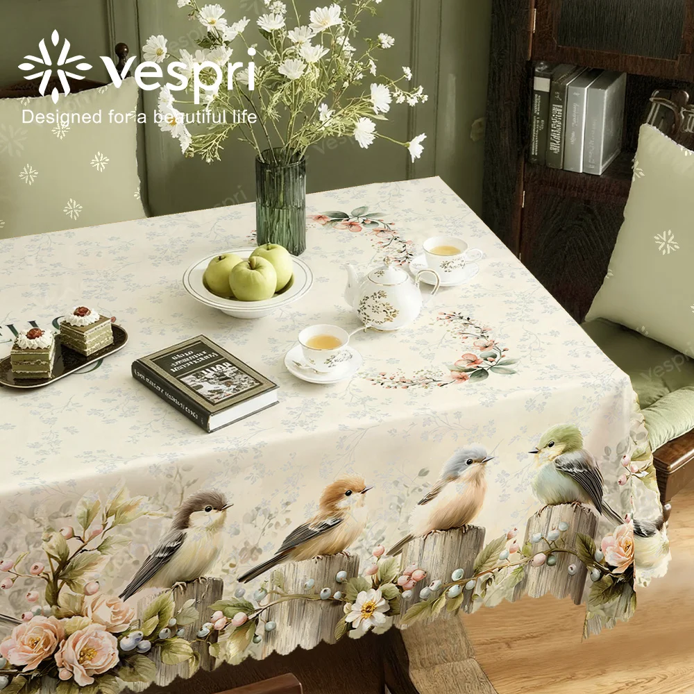 Vespri wood-grain, farm-style tablecloth, white and pink decorations, birds and flowers