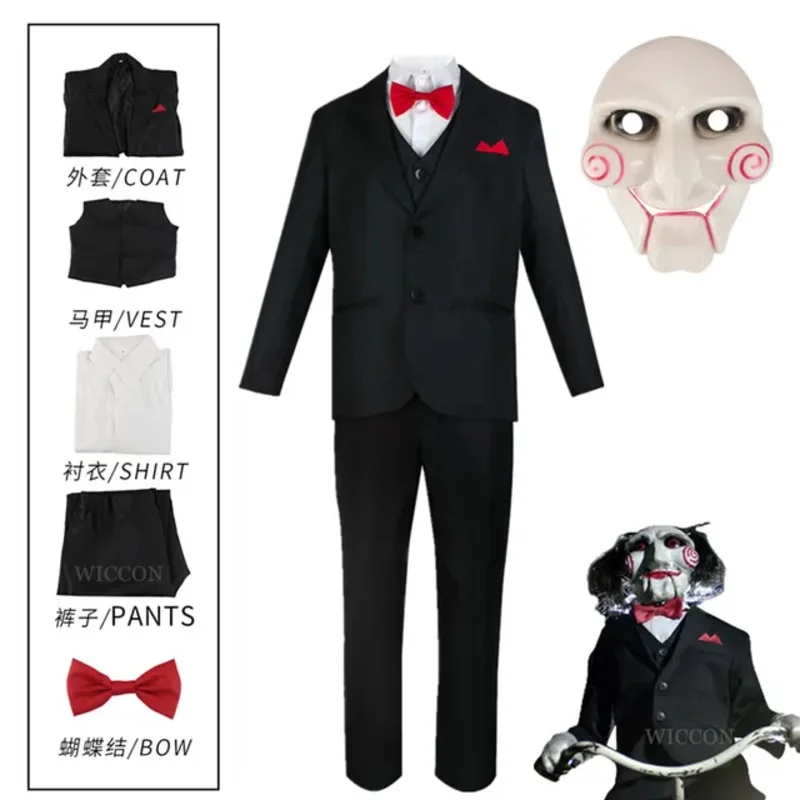 Jigsaw Killer Cosplay Anime Saw 10 Costume pour hommes, manteau imbibé, ensemble de pantalons en émail, masque de fête d'Halloween, tenue pour homme