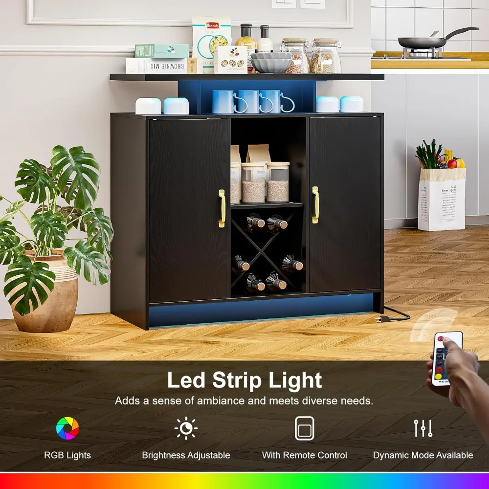 LED-Illuminated Coffee Bar Cabinet with Power Outlet, Storage, and Removable Shelves for Wine Enthusiasts