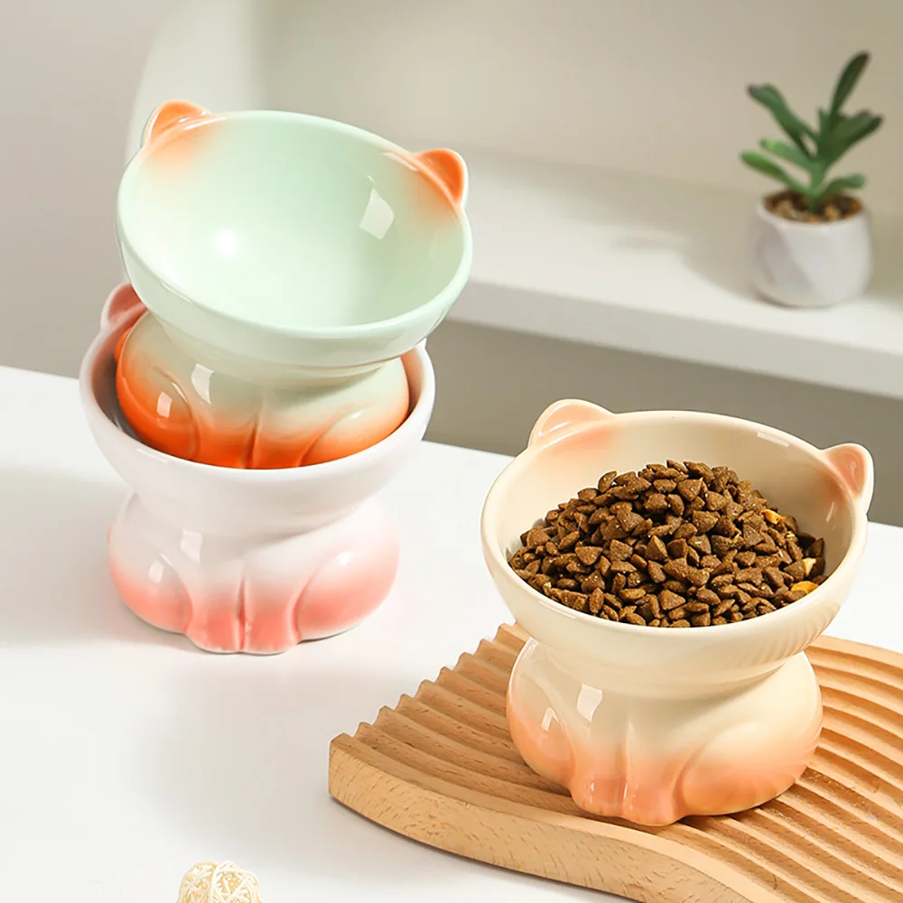 Ceramic Cat Bowl Cat Ear Cat Food Bowl High Footed Water Bowl