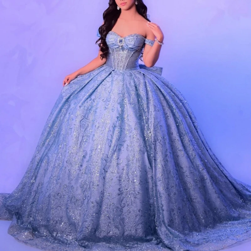 

Blue Shiny Quinceanera Dresses Off The Shoulder Sequin Applique Lace Beading Crystal Bow Tull Party Birthday Sweet 16 Dres Vesti