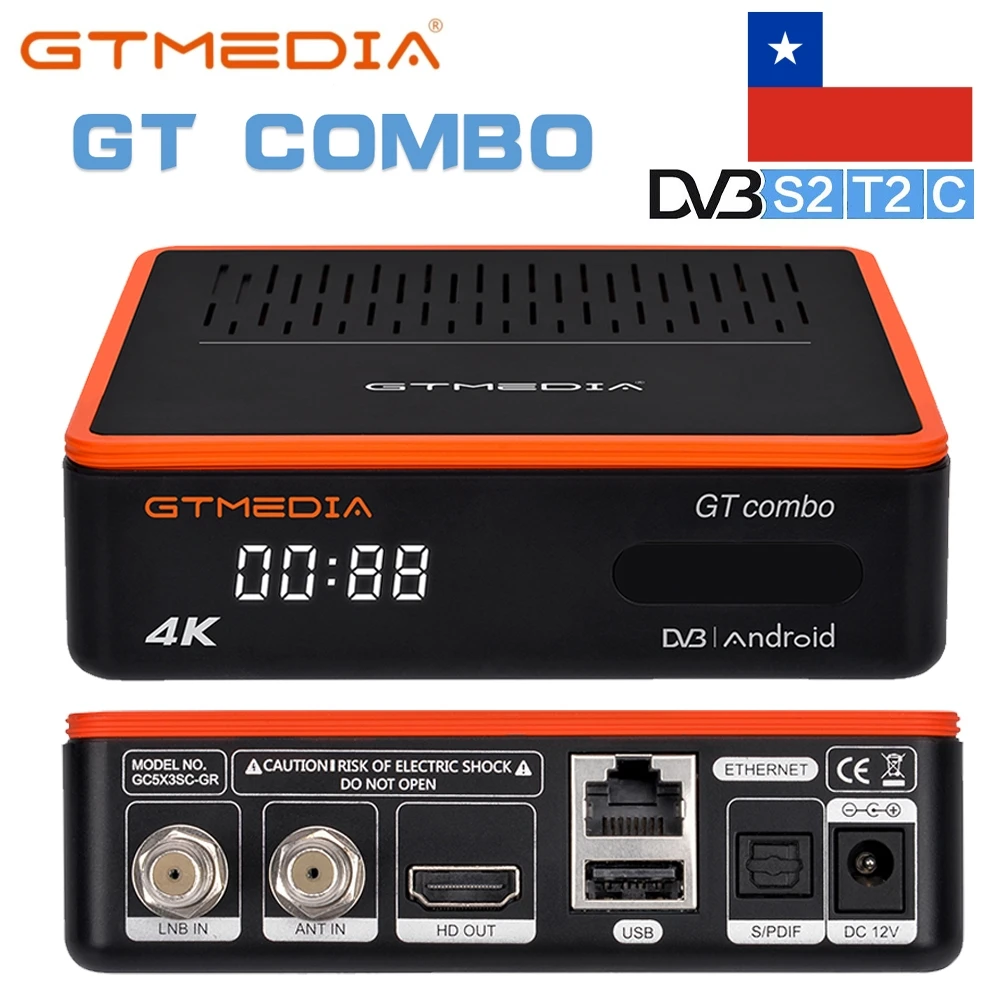 GTMEDIA GT Combo Android 9.0 Smart TV BOX + DVB-S/S2/S2X/T/T2/C Receptor de satélite Wifi incorporado compatible con decodificador M3U/CS 4K HD STB, stock en Chile