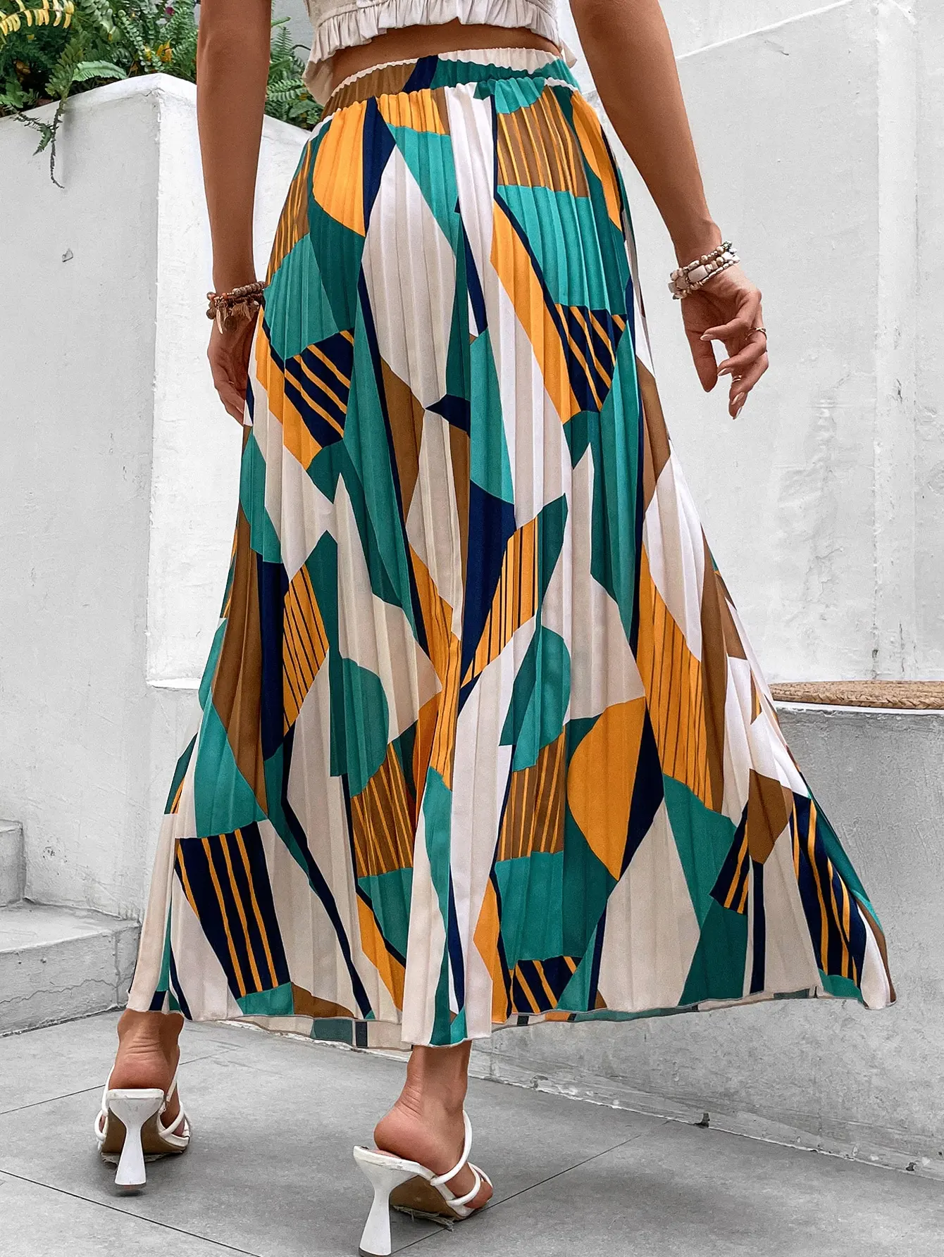 Women's 100% Polyester Color Block Geometric Print Pleated Skirt Elastic High Waist Swing A Line Midi Skirt Summer