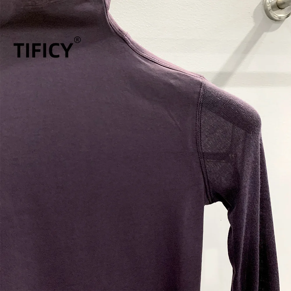 High Quality Cotton Women's Dark Purple Ribbed Patchwork Tight Fitting Half High Neck Long Sleeved Top Slim Fit Base Shirt Tops