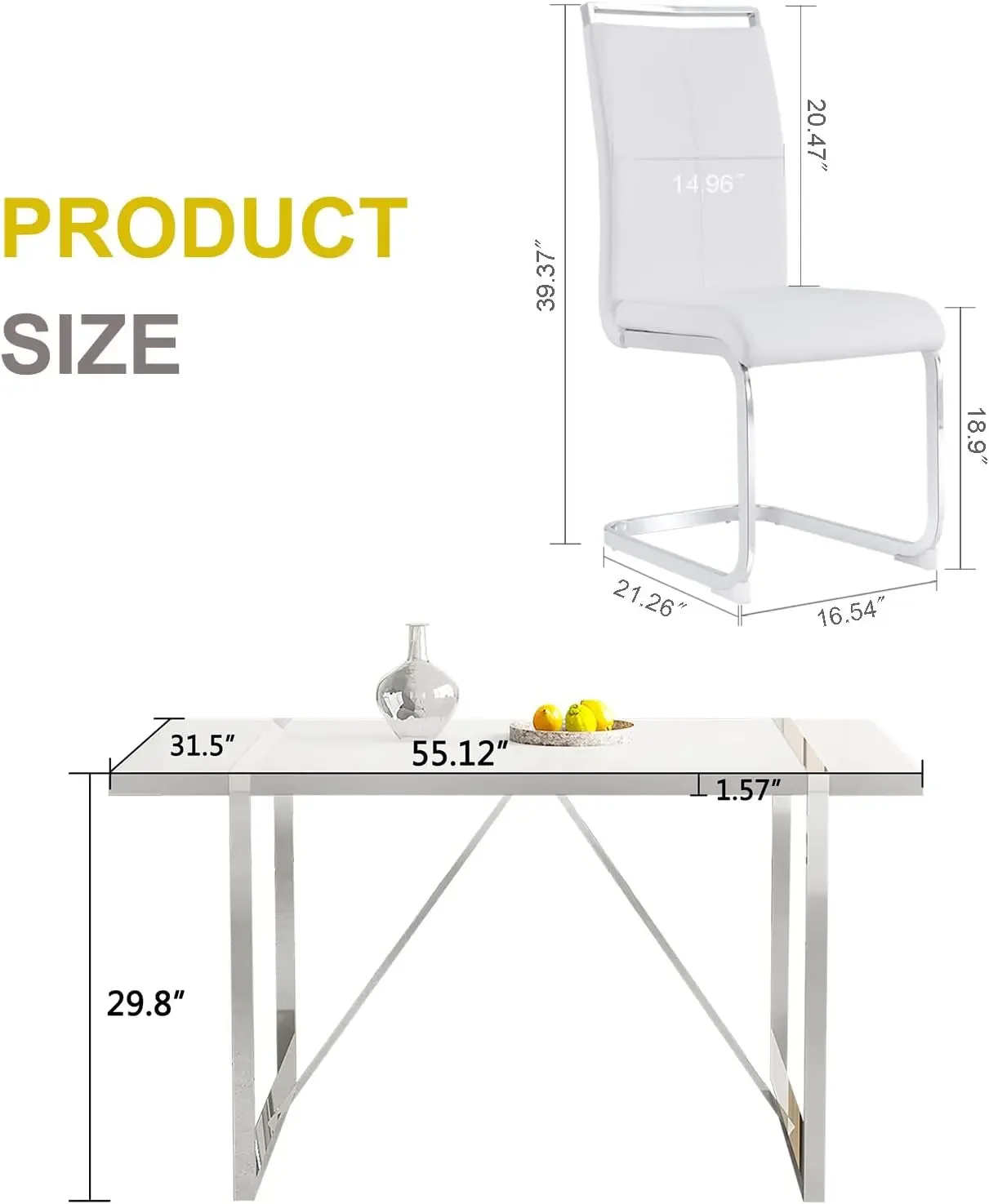 Dining Table Set for 6, White Rectangular MDF Table with Leather Chairs, 7-Piece Modern Metal Frame Dining Set for Kitchen